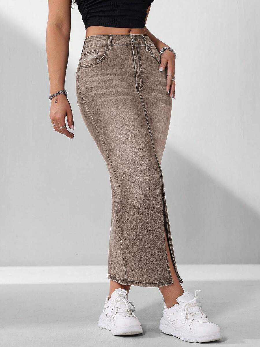 Flexra Fall Vintage Bodycon Split Hem Washed Thick Denim Khaki Commute Office Versatile Long Denim Skirt For Women