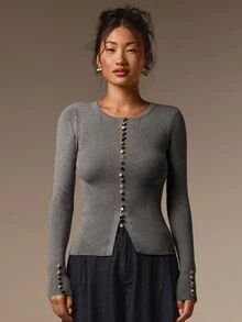 COSMINA 女款休閒優雅瑪瑙鈕扣淺棕色針織上衣 - 灰色 - 查看 3