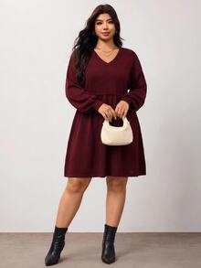 Enliva Plus Size Women Solid Color Pleated V-Neck Casual Everyday Knit Dress - Burgundy - View 6