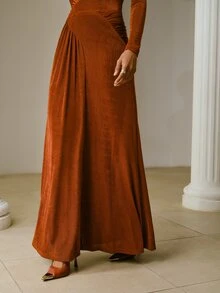 ZEYLAH Women's Solid Color Pleated Casual Versatile Daily Skirt - Rust Brown - View 5
