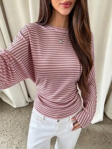 Aloruh Áo thun dài tay kẻ sọc thường ngày phong cách casual cho nữ - Hồng - Xem 4