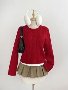 Elamini Sweater Pullover Rajut Bertekstur Merah Wanita, Kerah Bulat, Nuansa Natal, Untuk Perjalanan Sehari-hari, Musim Gugur/Dingin - Merah - View 1
