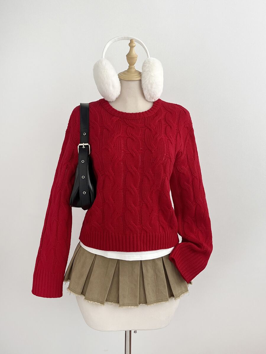 Elamini Sweater Pullover Rajut Bertekstur Merah Wanita, Kerah Bulat, Nuansa Natal, Untuk Perjalanan Sehari-hari, Musim Gugur/Dingin - Merah - View 1