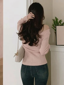 DAZY 女款春秋休閒純色斜肩開襟衫長袖上衣，秋季女裝 - 粉色 - 查看 2