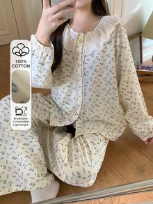 DAZY Women's Ditsy Floral Long Sleeve Single-Breasted Top And Pants Loungewear Set - Beige - View 6