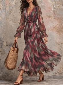 LUMIGAL Elegant Commuter Bohemian Abstract Wavy Texture Print Long Sleeve V-Neck Cross Collar Dress - Multicolor - View 6