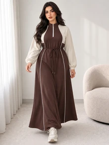 Solavon Plus Size Women's Colorblock Long Sleeve Casual Loose Fit Dress - Brown - View 3