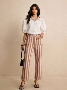 Poéselle Women's Fashion Button Pocket Striped Colorblock Jeans - Multicolor - View 4
