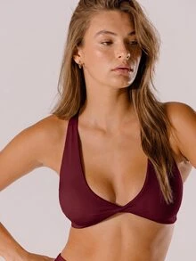 Aralina 女款運動休閒服馬卡龍色支撐深V扭結短版運動上衣，健身房健身運動穿搭，夏季休閒世界盃球迷造型 - 酒紅色 - 查看 6