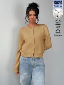 SHEIN BASICS 女款純色單排扣休閒百搭長袖開襟衫，適合日常外出、商務辦公、早午餐，米白色，秋季教師節 - 駝色 - 查看 3