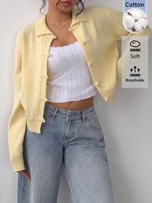 SHEIN BASICS Plus Size Women's Solid Color Long Sleeve Button-Front Knit Cardigan, Autumn/Winter - Yellow - View 5