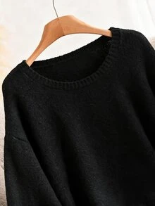 CosyJoli 大尺碼灰玫瑰色喇叭袖長袖刺繡圓領針織衫，柔軟修身休閒度假正式款秋冬上衣 - 黑色 - 查看 6