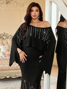 Reflora Plus Size Faux Pearl Decor Mermaid Skirt With Asymmetrical Shoulder Top 2 Pieces Set - Black - View 2