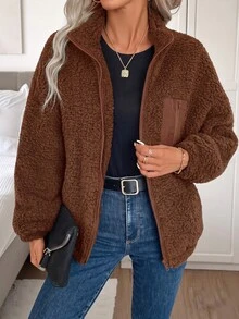 SHEIN LUNE Zip Up Drop Shoulder Teddy Jacket In Fall/Winter,Casual - Brown - View 3