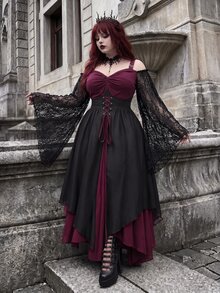 Whyspr Goth Plus Size Halloween Burgundy Patchwork Asymmetrical Hem Witch Camisole Tie-Up Dress - Multicolor - View 7