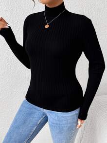 SHEIN CURVE+ Plus Size Black Ribbed Turtleneck Long Sleeve T-Shirt, Suitable For Autumn/Winter, Christmas, New Year - Black - View 7