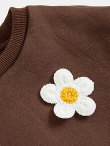 女童休閒俏皮棕色針織圓領白色花朵拼接長袖衛衣 秋冬兩件套 - 棕色 - 查看 3
