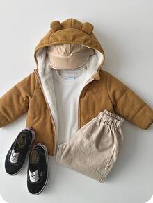 SHEIN 嬰兒男孩女孩黑色冬季抓絨內裡連帽拉鍊加厚夾棉外套 棉質休閒百搭萬用柔軟舒適運動款 適合戶外雪地玩耍 - 鏽棕色 - 查看 9