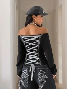 Elamini Casual Versatile Off Shoulder Back Lace-Up Black Lace Women's Sweatshirt - Black - View 7