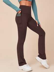 SHEIN Sports 女款純色高腰休閒日常旅行運動長褲 - 棕色 - 查看 3