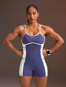 Powerista Women's Navy Blue & White Colorblock Tank Top Shorts Athletic Tight One-Piece Jumpsuit - Navy Blue - View 2