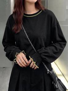 FRIFUL 女款純色圓領落肩長袖休閒寬鬆T恤 - 黑色 - 查看 5