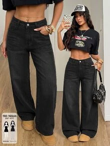 SHEIN PETITE 女款直筒寬鬆休閒百搭牛仔褲，附口袋 - 黑色 - 查看 7