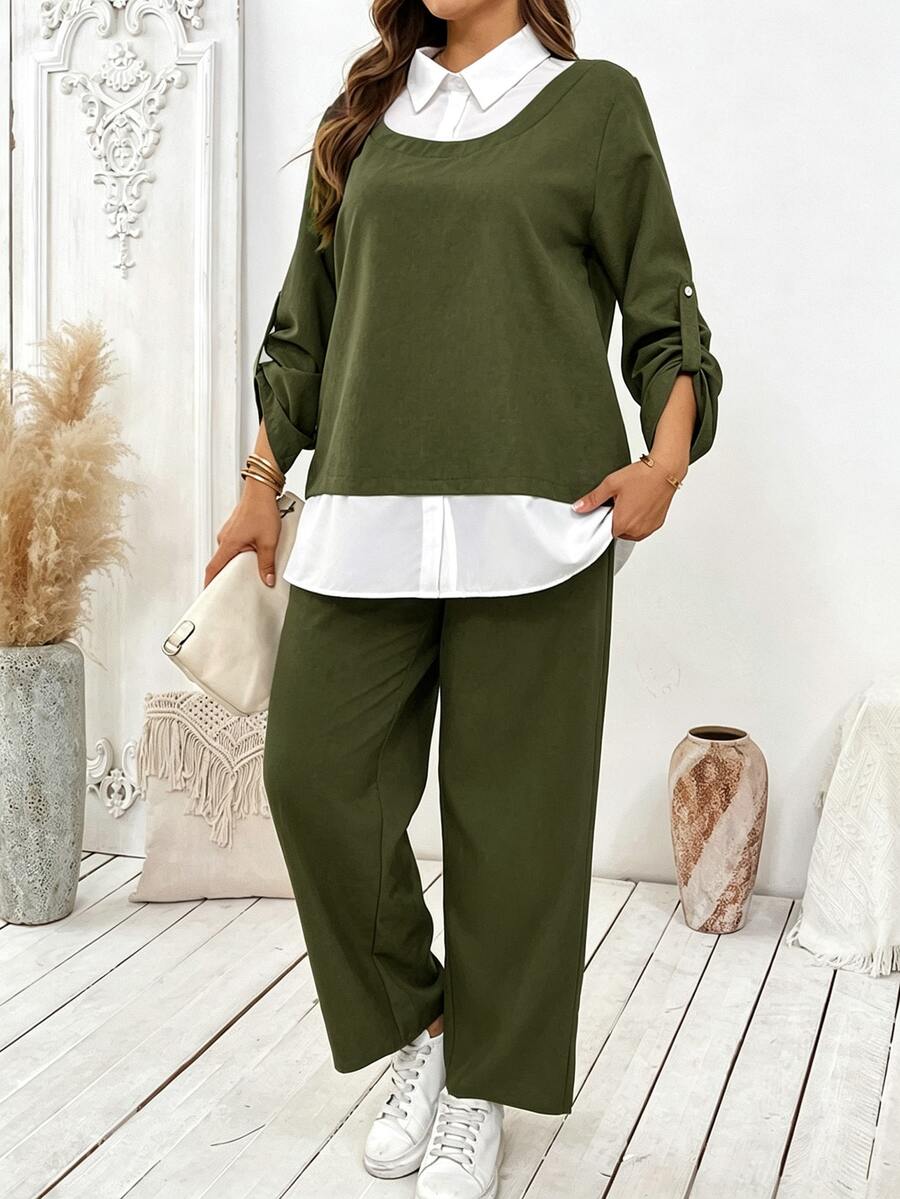 SHEIN EMERY ROSE CURVE 大尺碼女款秋季對比色長袖襯衫長褲兩件套,橄欖綠休閒通勤套裝,適合辦公室穿著 - 軍綠色 - 查看 1