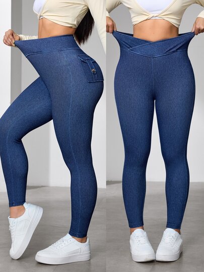 Flexra Women's Fashion Casual Cargo Pocket Denim Washed Skinny Pants