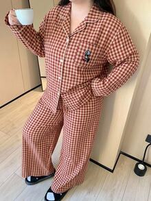 Dazy Plus Plus Size Women's Plaid Long Sleeve Single-Breasted Top And Pants Pajama Set - Red - View 4