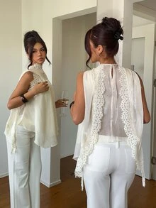 Aloruh 女款蕾絲拼接百褶休閒百搭掛脖上衣 - 杏色 - 查看 2