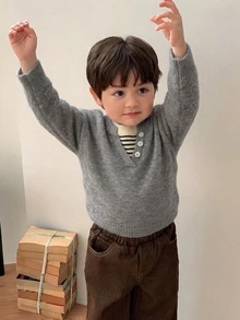 Hapijoa 幼童男童秋冬拼接配色二合一長袖毛衣 - 灰色 - 查看 3