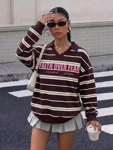 Muchica 女款 Polo 領長袖寬鬆休閒衛衣，厚實材質，適合秋冬穿著，條紋設計 - 彩色 - 查看 8