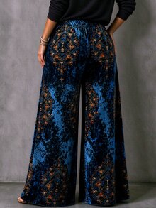 Linhara Women's Plus Size Bohemian Print Velvet Wide Leg Pants Fall - Royal Blue - View 2