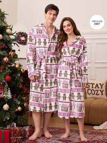 CoupledUp Men's Christmas Pattern Printed Hooded Loungewear Robe - Multicolor - View 7