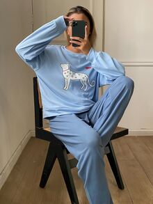 DAZY 2pcs/Set Women's Pajama Set With Heart Puppy Pattern Loose Long Sleeve Sweatshirt And Solid Color Straight Leg Long Pants Sleep Light Blue Cute Casual - Blue - View 6