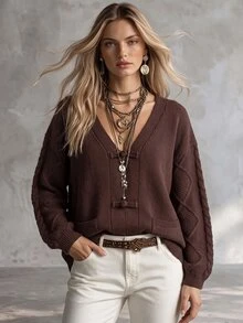 SHEIN New Chinese Style Loose Slouchy V-Neck Frog Button Knit Cardigan - Coffee Brown - View 1