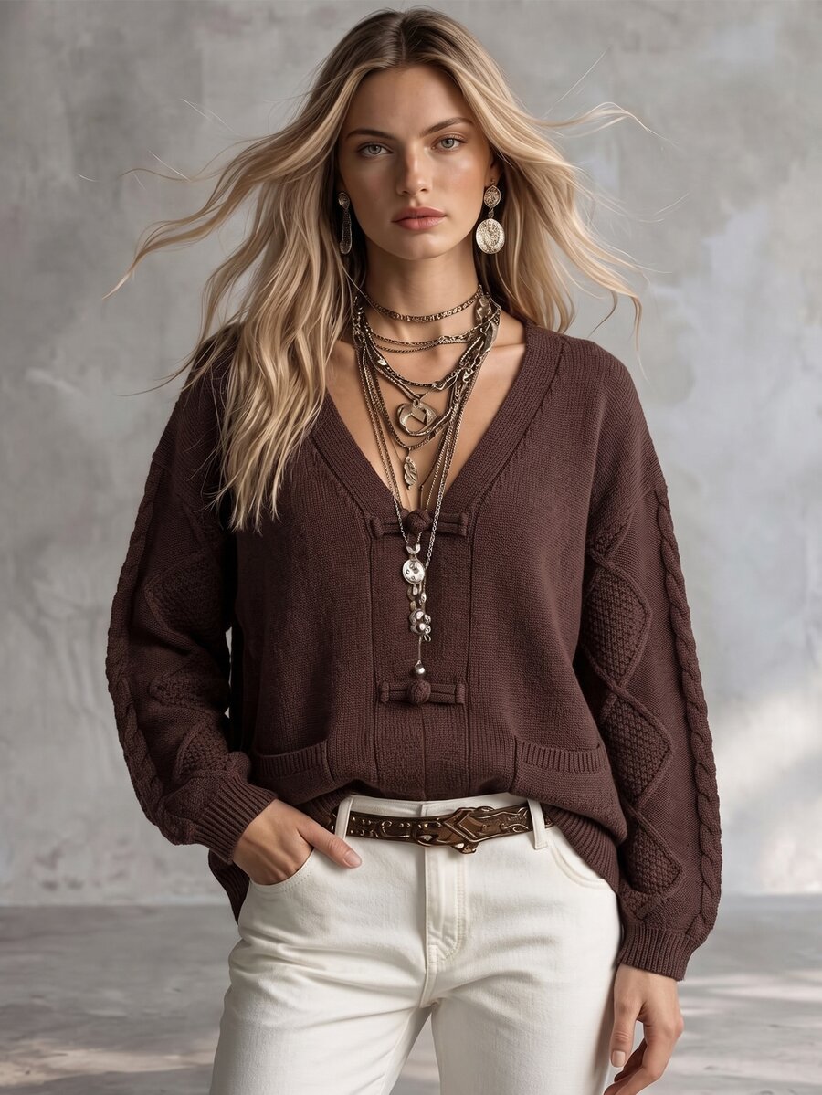 SHEIN New Chinese Style Loose Slouchy V-Neck Frog Button Knit Cardigan - Coffee Brown - View 1