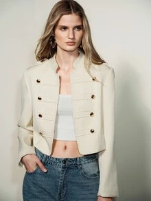 Aveloria Modichic Elegant Preppy Fashion Button Long Sleeve Jacket, Versatile Slimming Office Off-White Fall - Apricot - View 4