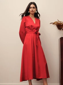 BELROSIE Women's Solid Color V-Neck Waist Knot Casual Party Dress - Burgundy - View 5
