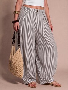 SHEIN BAE CURVE 大尺碼女款休閒波西米亞風度假黑白格紋紋理條紋寬鬆拼接長褲，適合外出、日常、萬聖節 - 深灰色 - 查看 3