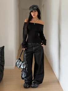 Elamini Casual Versatile Off Shoulder Back Lace-Up Black Lace Women's Sweatshirt - Black - View 5