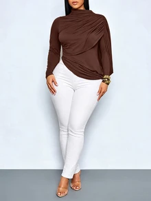 SOLERSUN Plus Size Women's Asymmetric Pleated Long Sleeve T-Shirt, Dropped Shoulder Slim Fit Top, Elegant Unique Basic T-Shirt Fall - Coffee Brown - View 4