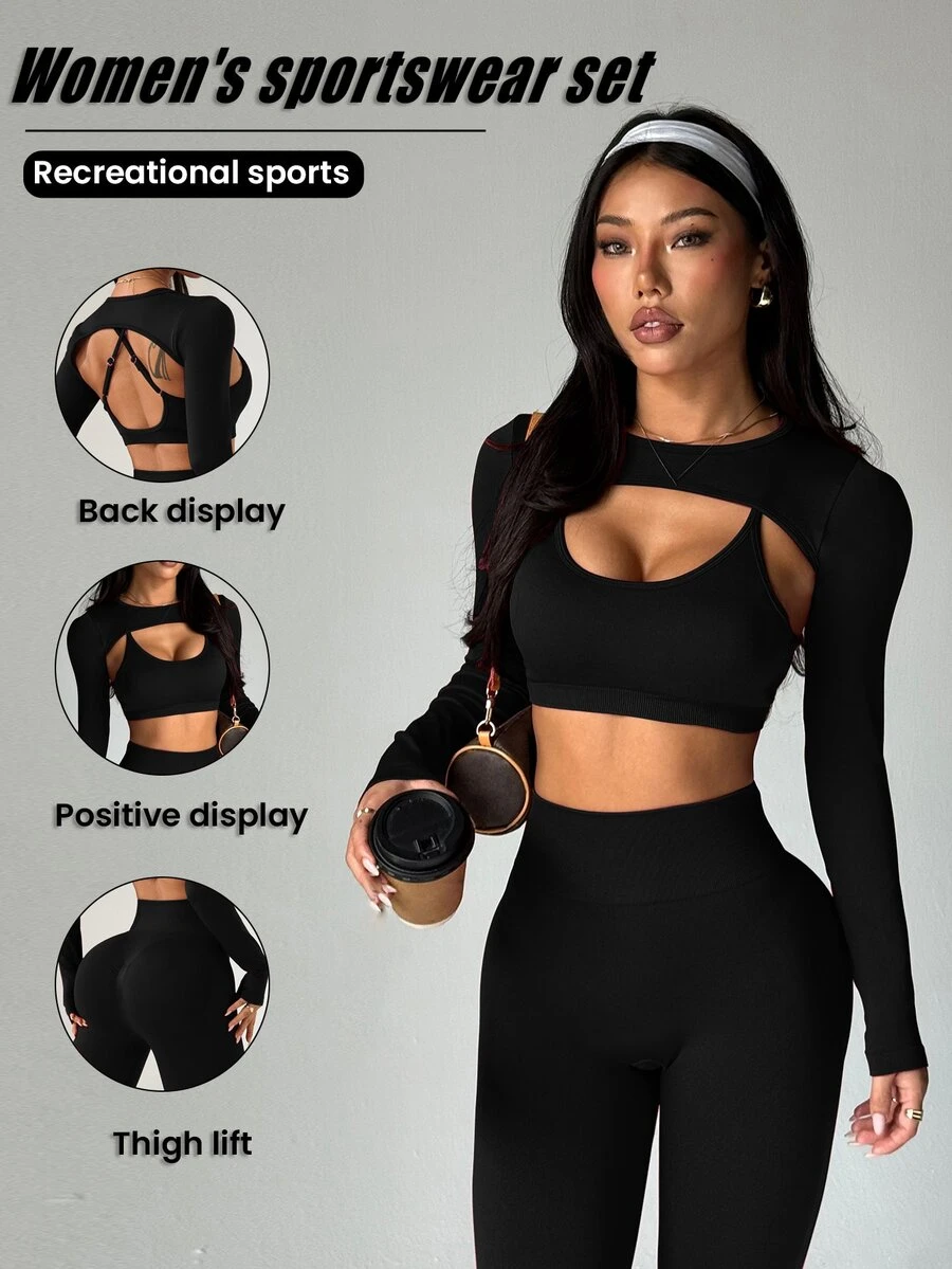 Dewbera Dewbera Women's Solid Color Long Sleeve Top + Camisole + High Waist Pants Sports Suit - Black - View 1