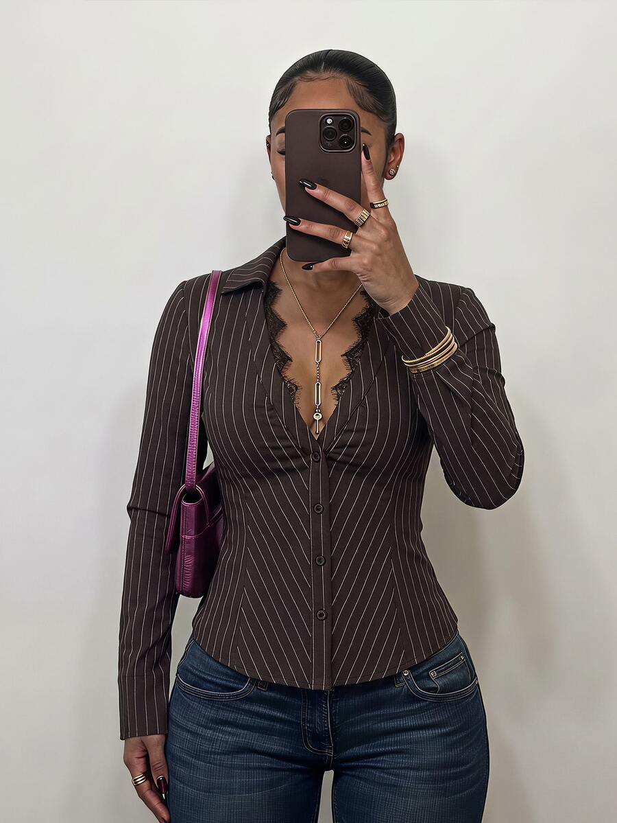 SHEIN SXY Women's Striped Lace Patchwork Casual Everyday Long Sleeve Blouse - Brown - View 1