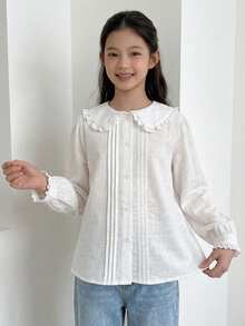 Dazy Kids (Gadis Remaja) Kemeja Blus Kasual Lengan Panjang Kerah Lipat Gaya Dasar Musim Gugur - Putih - View 5