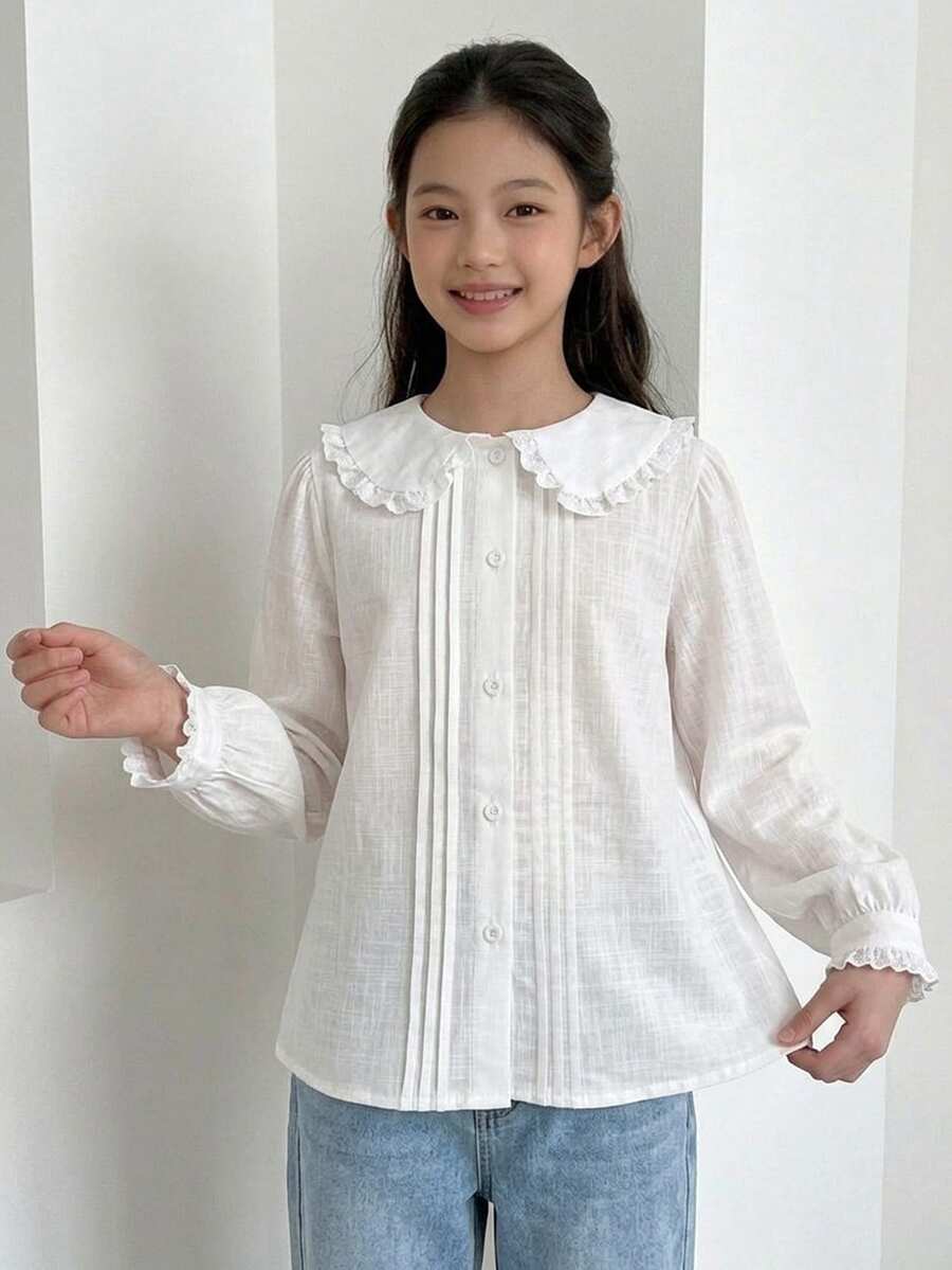 Dazy Kids Tween Girl) Turn Collar Long Sleeve Casual Shirt Blouse Basic Style Autumn Shirt - White - View 1