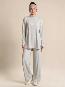 SHEIN With My Calm Women's Solid Color Stand Collar Casual Daily Travel Sports T-Shirt - Light Grey - View 4