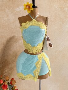 Soleia Women's Sexy Sequin Lace Halter Tie Top - Multicolor - View 1