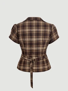 SHEIN MOD Plus Size Casual Plaid Button-Down Pleated Streetwear Shirt - Brown - View 2